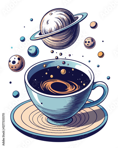 A steaming cup of coffee morphing into a swirling black hole, cosmic dust and coffee grounds intermingling.  Realistic, dark, and detailed.