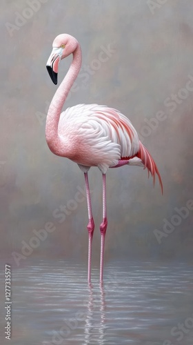 Pink flamingo standing in shallow water with reflection