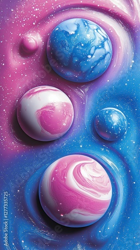 Swirling galaxy with colorful planets floating in space