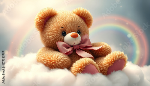 Teddy bear with a big bow, sitting on a fluffy cloud, with sparkles and rainbows around