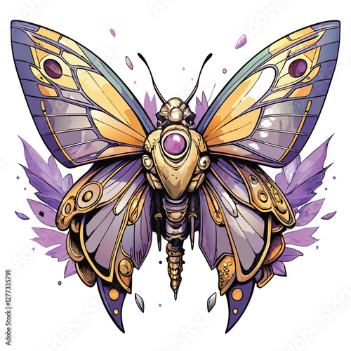 A stunning cybernetic butterfly, metallic wings shimmering, shedding its chitinous exoskeleton to reveal intricate bio-mechanical components beneath.