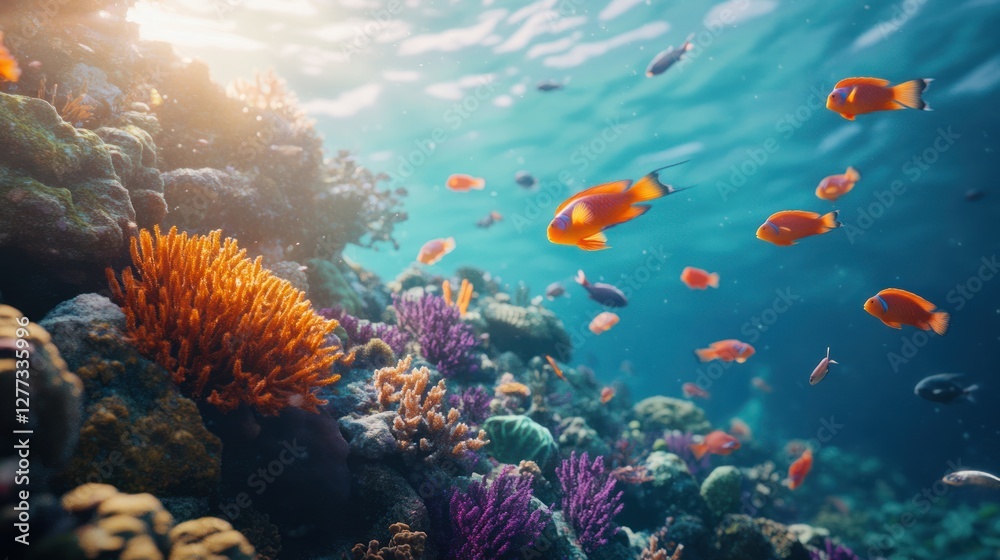 Naklejka premium Vibrant Underwater Coral Reef Ecosystem with Colorful Fish Swimming in a Sunlit Ocean