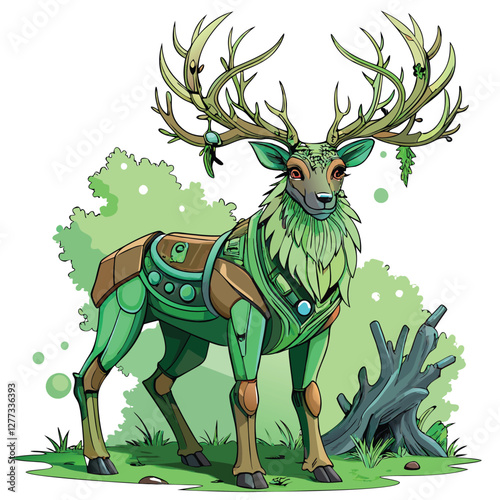 A majestic deer, its antlers intricately interwoven with glowing cybernetic structures, set against a dark, futuristic backdrop.