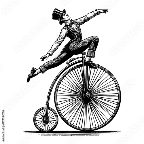 Gentleman riding penny farthing bicycle sketch engraving black and white outline. Scratch board imitation.  illustrated in vintage line art style on a white background.
