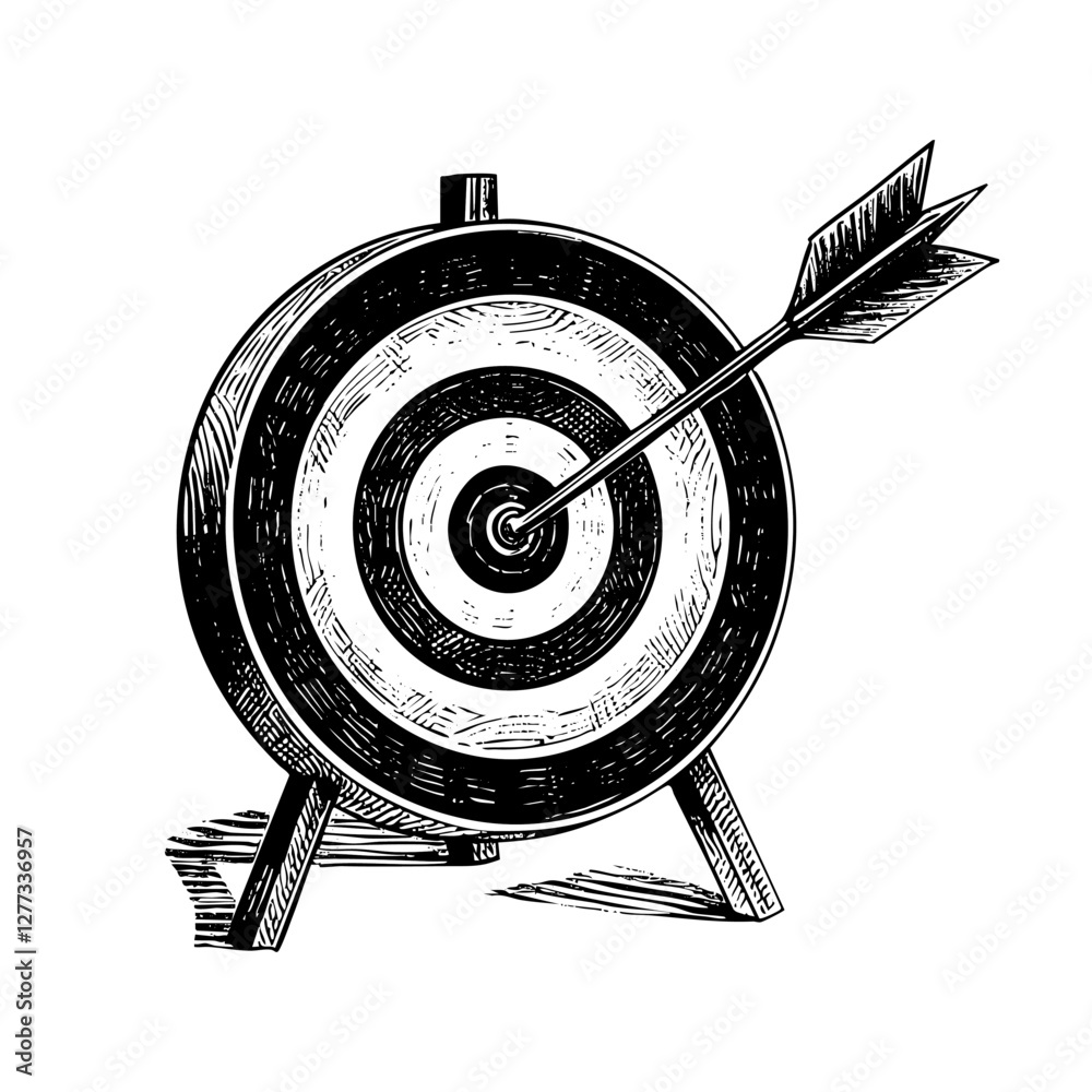 Arrow on target sketch engraving black and white outline. Scratch board imitation.  illustrated in vintage line art style on a white background.
