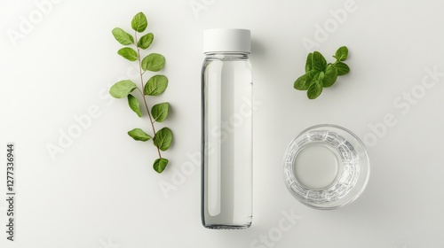 Wallpaper Mural Top view of a reusable water bottle, a glass of water, and a sprig of mint on a neutral background, representing daily hydration. Torontodigital.ca