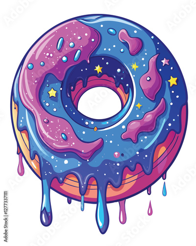 A glazed donut with a vibrant, swirling galaxy filling its hole;  stars and stardust drip down the sides.