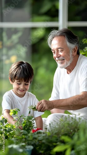 Wallpaper Mural Generations Gardening: A heartwarming scene unfolds as a grandfather and grandson share a tender moment while tending to their plants. Torontodigital.ca