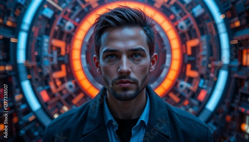 Portrait of a technology innovator against a futuristic high tech background with advanced elements