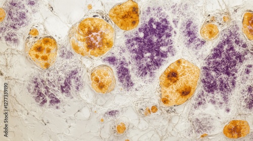 Aging cells under a microscope in a laboratory setting. Featuring cellular breakdown and molecular degeneration