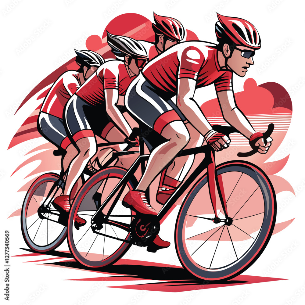 Fototapeta premium A breathtaking photograph of competitive cyclists forming a perfect 'S' curve during a high-speed race, showcasing dynamic movement and athleticism.