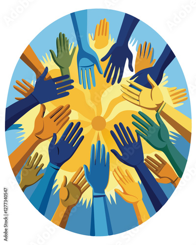 A vibrant, joyful circle of diverse hands high-fiving, showcasing unity and teamwork.  Focus on the dynamic energy and positive interaction.