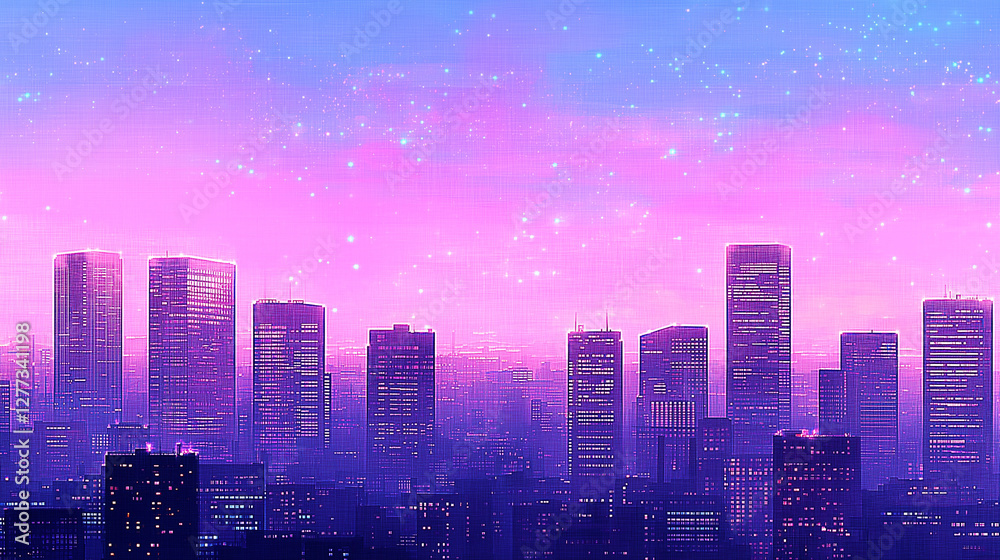 Fototapeta premium Skyline Serenity: A vibrant urban skyline silhouette against a gradient sky, painted in shades of violet, purple, and pink, evoke a sense of futuristic charm, offering a tranquil.