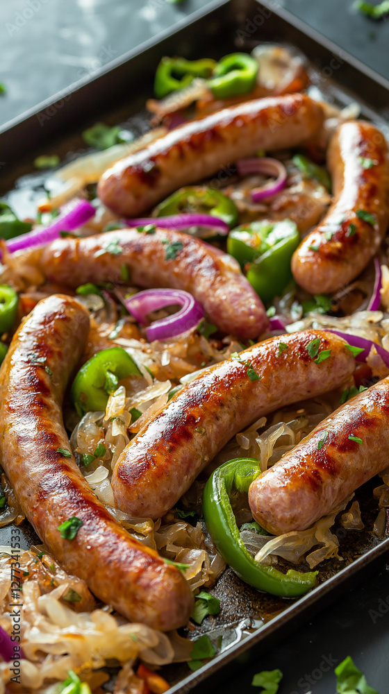 Sausage sheet pan dinner with sauerkraut and peppers