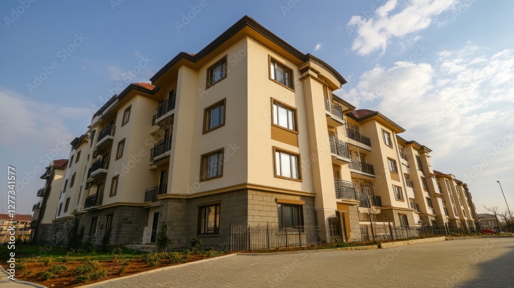Modern multi-story residential building with balconies and landscaped surroundings. Modern multi-story residential building with balconies and landscaped surroundings.