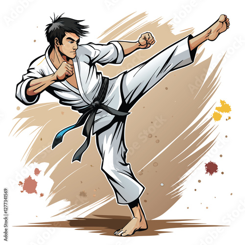 A seasoned karate master executes a powerful, precise mawashi geri (roundhouse kick), demonstrating exceptional balance and control.