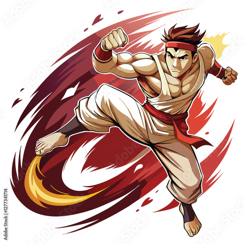 A dynamic image of a male kickboxer mid-spinning back kick, legs extended, focused expression, preparing for impactful strike.