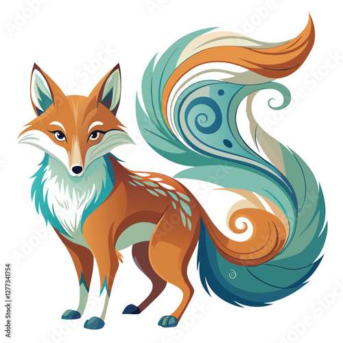 A majestic red fox, its bushy tail dissolving into swirling, ethereal wind patterns, against a vibrant sunset backdrop.