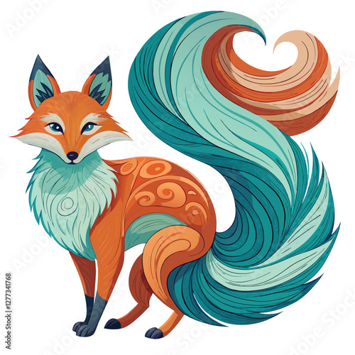 A majestic red fox, its bushy tail dissolving into swirling, ethereal wind patterns, against a vibrant sunset backdrop.