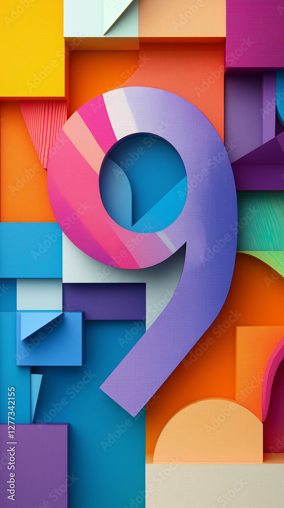 The number 9 with geometric shapes in vibrant colors