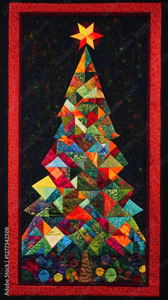 Patchwork Christmas tree with a red border vertical