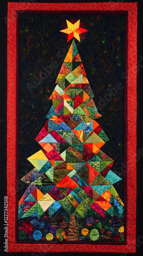 Obraz na płótnie Patchwork Christmas tree with a red border vertical w salonie