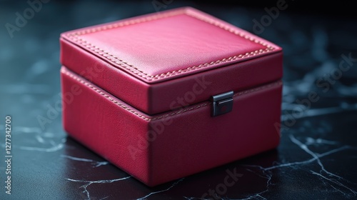 Red leather jewelry box on marble photo