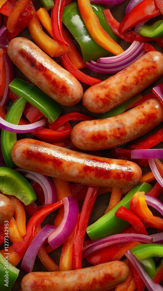 Vertical sausages with red onion and bell peppers