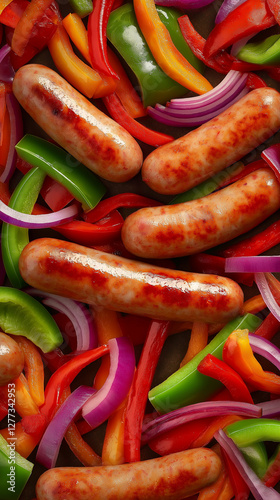 Vertical sausages with red onion and bell peppers