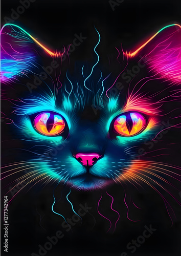 Neon Glowing Cat Portrait in Vibrant Cyberpunk Style Digital Art