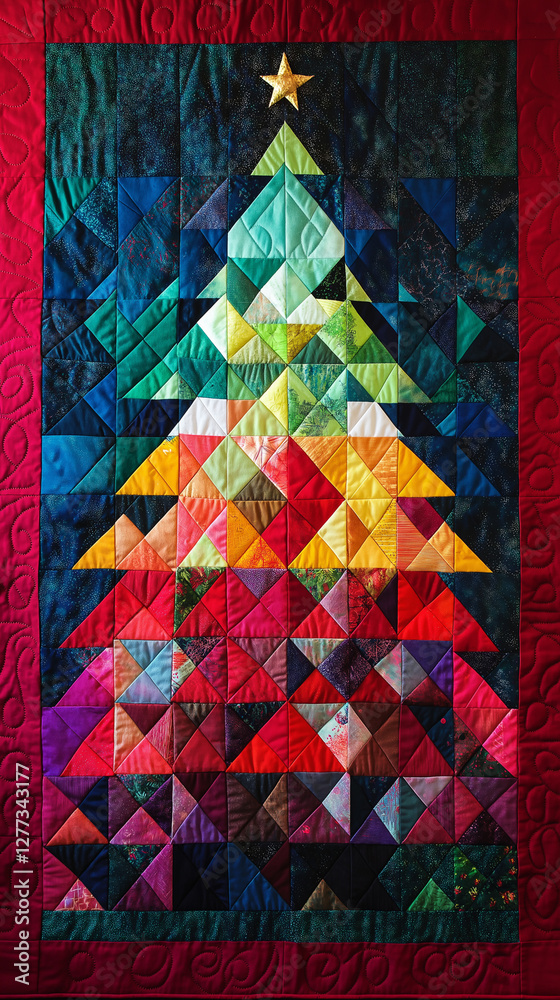 Quilted Christmas tree in rainbow colors vertical