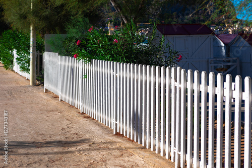Obraz na płótnie White picket fence running alongside a dirt path, with green bushes and pink flowers growing behind fence. In background, there are white buildings with red roofs partially visible through the foliage w salonie