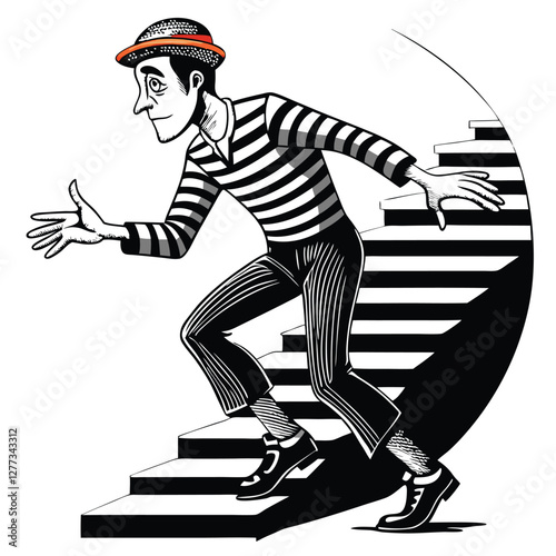 A mime artist meticulously creates the illusion of invisible stairs, his body language conveying the effort of an ascent.  He appears to be actually walking up these imagined steps.