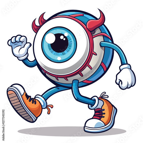 A colossal eyeball, sporting sneakers, sprints across a vibrant landscape, its pupil dilated with exertion.