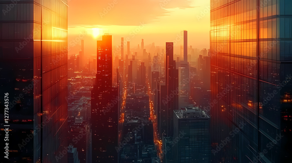 Fototapeta premium Cityscape at Sunset: Urban Beauty in Warm Tones