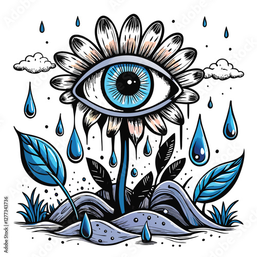 A colossal eye weeps, its tears transforming into vibrant, blooming flowers; ethereal, surreal, fantasy art.