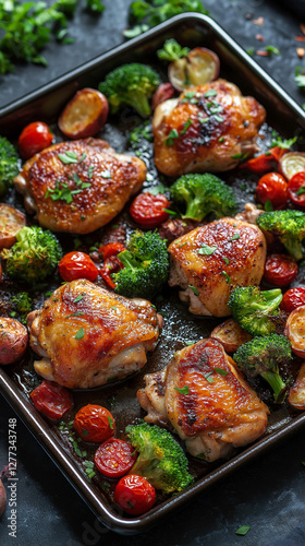 Obraz na płótnie One-pan meal of chicken thighs, tomatoes and broccoli vertical w salonie