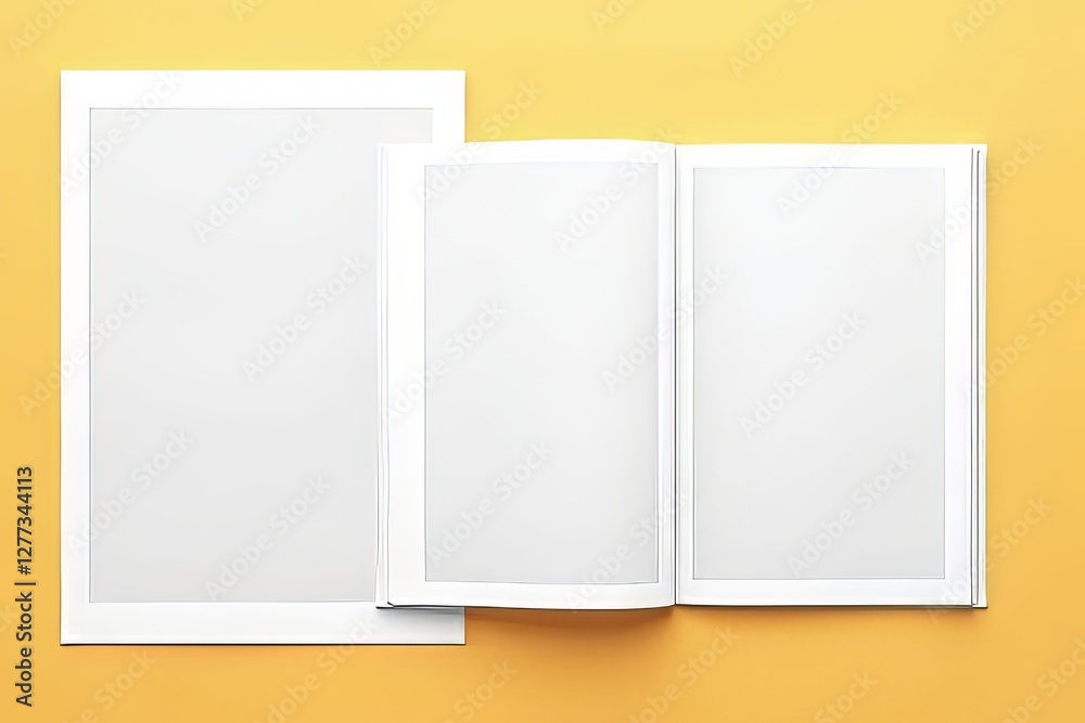 Blank Book and Paper Mockup on Mustard Background for Design Inspiration Blank Book and Paper Mockup on Mustard Background for Design Inspiration