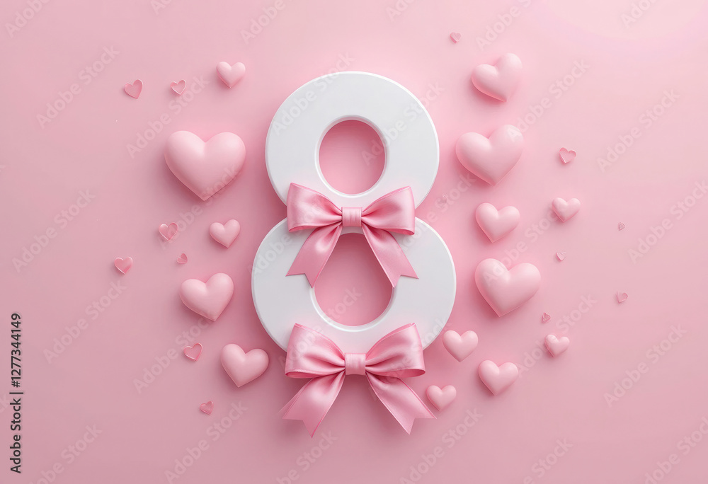 Fototapeta premium Celebrating International Women's Day with Number Eight, Bows, and Hearts