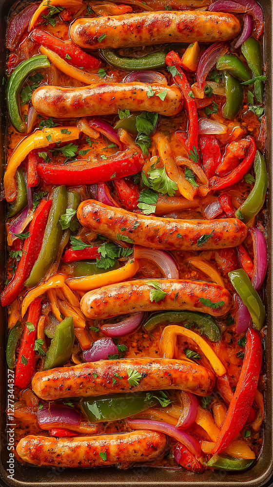Sheet pan sausages peppers dinner vertical