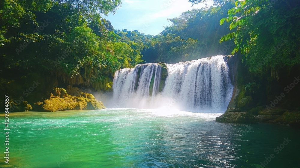 Naklejka premium Serene Waterfall Paradise: Lush Tropical Greens and Crystal Clear Water