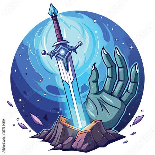 A fantastical illustration of Excalibur, glowing intensely, deeply embedded within a colossal, intricately detailed Celtic knotwork design.