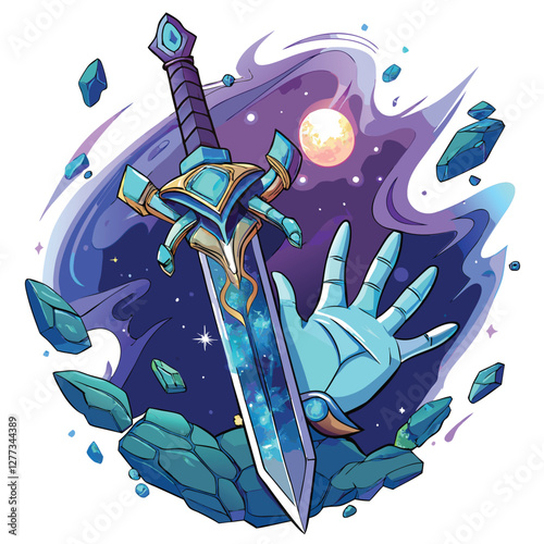 A majestic, glowing Excalibur sword, imbued with magical energy, is deeply embedded within a colossal, vibrant-blue celestial orb.