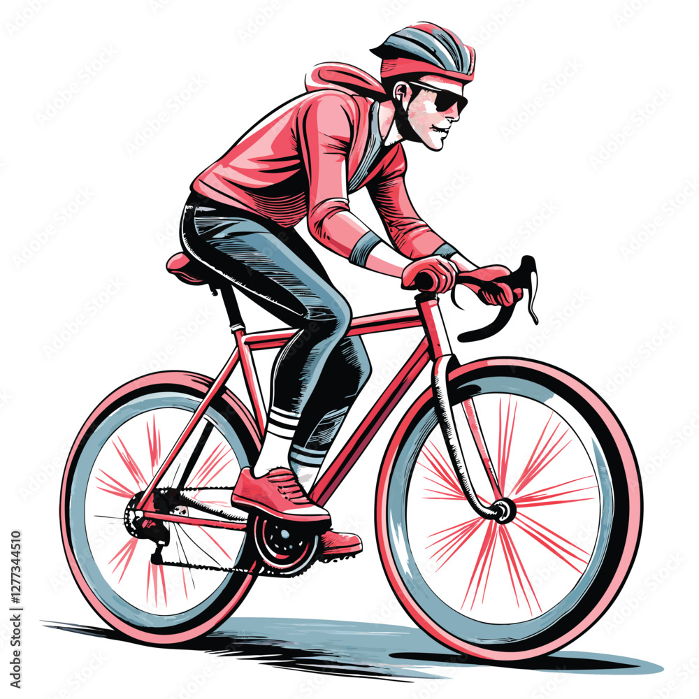 Obraz premium Create a minimalist black silhouette of a cyclist in motion, pedaling a bicycle against a white background. Emphasize dynamic movement and simple lines.