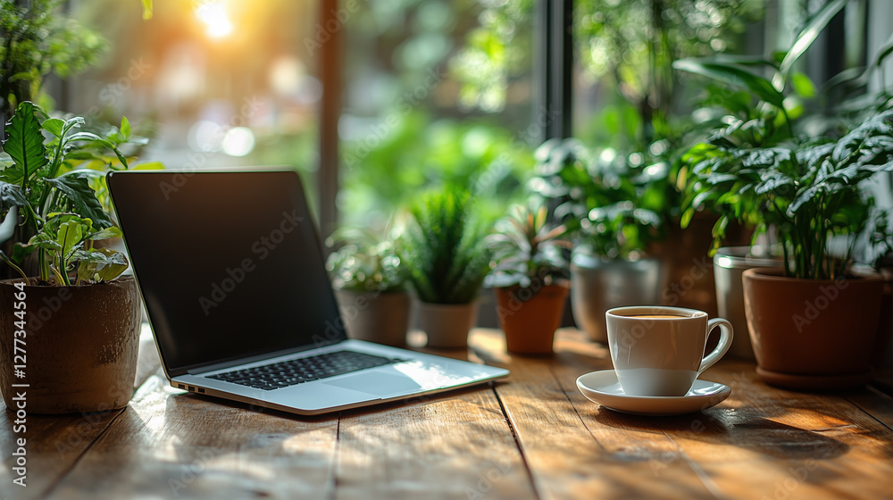 Modern Office Workspace with Laptop, Coffee, and Notebook Modern Office Workspace with Laptop, Coffee, and Notebook