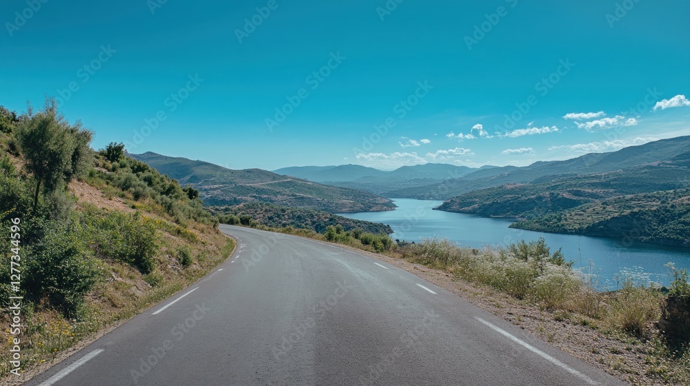 Scenic road winding along a serene lake surrounded by mountains under a clear blue sky. Scenic road winding along a serene lake surrounded by mountains under a clear blue sky.