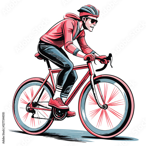 Create a minimalist black silhouette of a cyclist in motion, pedaling a bicycle against a white background.  Emphasize dynamic movement and simple lines.