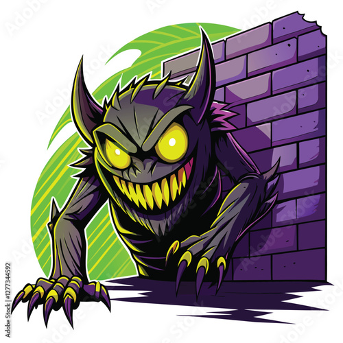 Render a mischievous shadow creature, vaguely humanoid, with intense, glowing emerald eyes, lurking in the darkness.  High detail, 8k resolution.