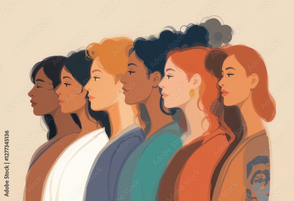 Obraz premium Diverse Group of Women Standing in Profile Illustration for Unity Concept
