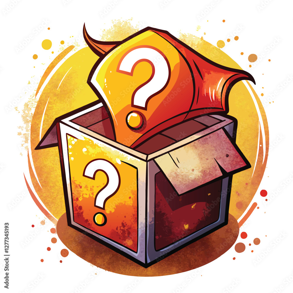 A mysterious, partially opened cardboard box reveals an enigmatic interior; a large question mark is visible.  Intrigue and suspense are implied.